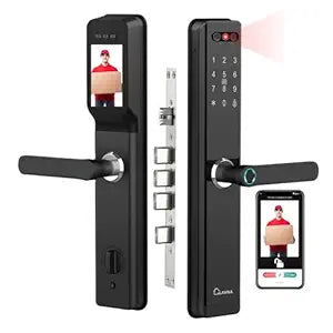 Smart Door Lock | 8 Way Unlock | Face, Fingerprint, Mobile App, WiFi + Bluetooth, Card, OTP, PIN and Key Access | Built-in Camera N Screen | 5 Bolts | fit with Wooden Doors (LA24 Face Black)